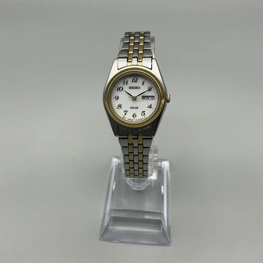Seiko Solar Womens Watch 25mm V138-0AA0 Two Tone Day Date Bracelet 6.5